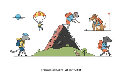 Animals having adventure trip and doing different activities in natural outdoors vector design