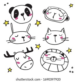 Animals head doodle set on white background.Vector illustration. Sketch for tattoo or coloring book. Pets collection. EPS
