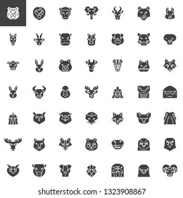 Animals head front view vector icons set, modern solid symbol collection filled style pictogram pack. Signs logo illustration. Set includes icons as hedgehog, fox, wolf, elk, lynx, badger, boar, bison