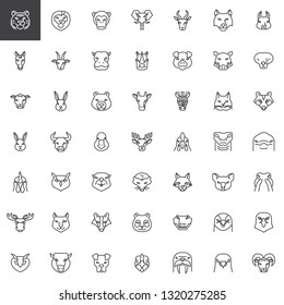 Animals head line icons set. linear style symbols collection, outline signs pack. vector graphics. Set includes icons as wild tiger, lion, monkey, elephant front view, zoo horse, farm goat, cat