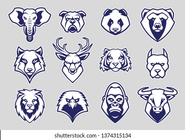 Animals Head Mascot Icons Vector Set. Different animals muzzles looking straight with aggressive mood. Vector icons set.