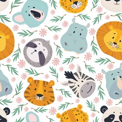 Animals Head Seamless Pattern. Cute Lion, Tiger Zebra, Koala And Hippo, Sloth And Leopard Faces. Kids Wallpaper, Textile Design Vector Texture. Childish Characters With Leaves And Flowers