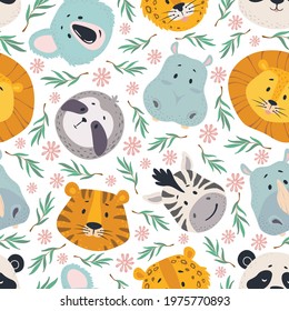 Animals head seamless pattern. Cute lion, tiger zebra, koala and hippo, sloth and leopard faces. Kids wallpaper, textile design vector texture. Childish characters with leaves and flowers