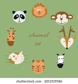 Animals head set on green background 