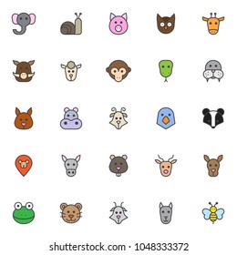 Animals heads filled outline icons set, line vector symbol collection, linear colorful pictogram pack. Signs, logo illustration, Set includes icons as elephant head, snail,  owl, giraffe, boar, sheep