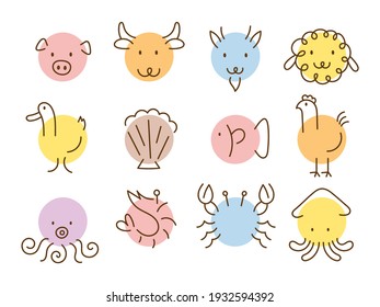 Animals Heads. Simple Shapes and Line Drawing Set, Meat Concept, Farm, Food  and Seafood