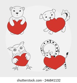 Animals with hearts outline - bear, puppy, owl, giraffe