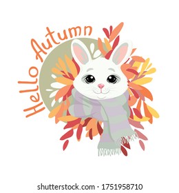 Animals. Hello, Autumn. Rabbit in a warm scarf on a background of decorative leaves. Vector illustration.