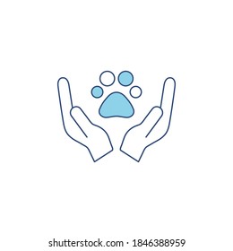 Animals help blue vector illustration isolated on white background. Animal footprint, trace in hands. Voluntary, charity, donation icon.