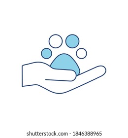 Animals help blue vector illustration isolated on white background. Animal footprint, trace in hands. Voluntary, charity, donation icon.