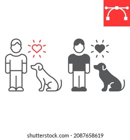 Animals help line and glyph icon, pet and volunteering, man and dog vector icon, vector graphics, editable stroke outline sign, eps 10.