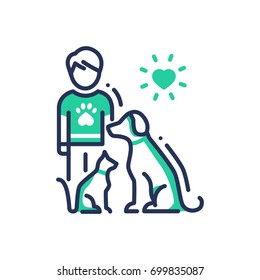 Animals Help - modern vector single line design icon. An image of a human with cat and dog under heart sun. Green color on white background. Charity, volunteering, shelter, vet clinic presentation. 