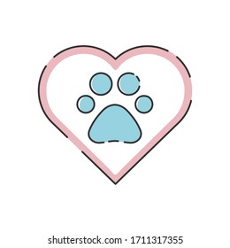 Los animales ayudan a la ilustración vectorial aislada en fondo blanco. Huella animal, traza en el corazón. Icono voluntario, benéfico, donación.