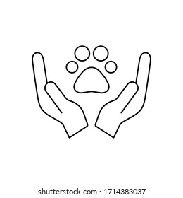 Animals help vector illustration isolated on white background. Animal footprint, trace in hands. Voluntary, charity, donation icon.