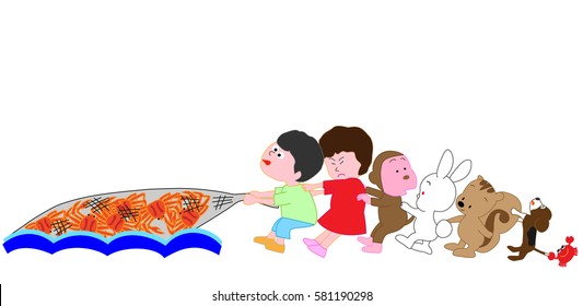 Animals helping catch a crab with a net.