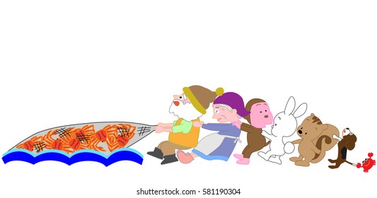 Animals helping catch a crab with a net.