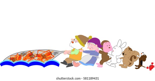 Animals helping catch a shrimp with a net.