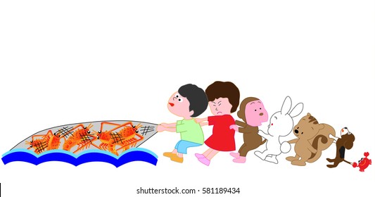 Animals helping catch a shrimp with a net.