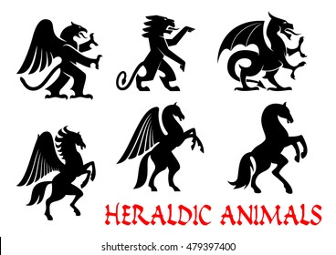 Animals heraldic emblems. Vector silhouette icons. Griffin, Dragon, Lion, Pegasus, Horse outline for tattoo, heraldry, tribal shield emblem. Fantasy mythical creatures