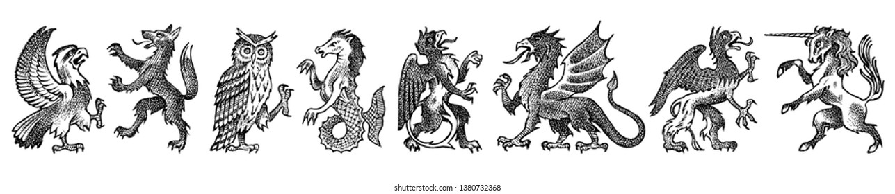 Animals for Heraldry in vintage style. Engraved coat of arms with birds, mythical creatures, fish. Medieval Emblems and the logo of the fantasy kingdom.