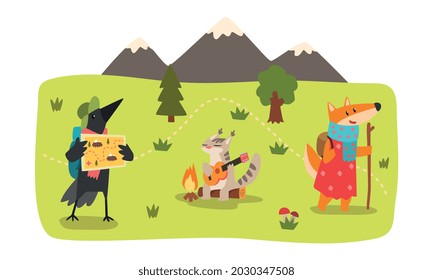 Animals Hiking on Summer Mountain Landscape Set, Fox, Crow, Cat Characters Camping and Hiking Vector Illustration