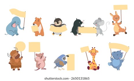Animals holding banners. Funny elephant, penguin, kangaroo, yal, giraffe with banner. Cute animalistic protesters, childish mascot nowaday vector set