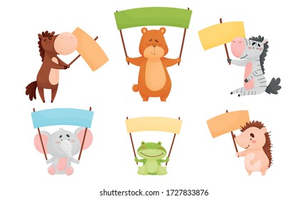 Animals Holding Blank Banners and Sign Boards with Their Limbs Vector Set