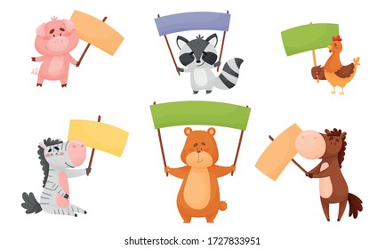 Animals Holding Blank Banners and Sign Boards with Their Limbs Vector Set
