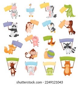 Animals Holding Blank Banners and Sign Boards with Their Limbs Big Vector Set