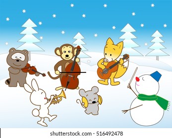 Animals holding a concert in winter.