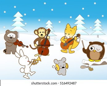 Animals holding a concert in winter.