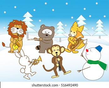 Animals holding a concert in winter.
