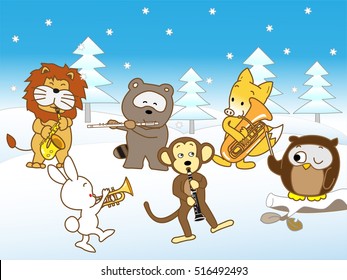 Animals holding a concert in winter.