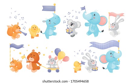 Animals Holding Flags and Playing Trumpet and Drum Vector Set