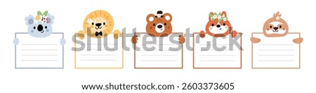 Animals holding frames. Cute baby fauna characters with lined sheets in paws, diary, planner blank templates, kawaii note cards, lion bear or fox cartoon flat isolated garish vector set