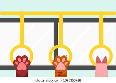 Animals holding on the yellow grab handle in the public bus 