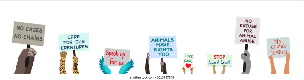 Animals holding protest signs to stop animal cruelty and abuse