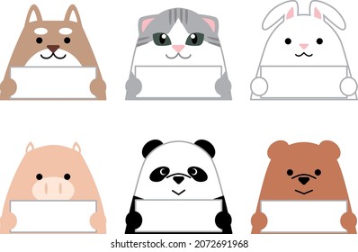 Animals holding a whiteboard. Dog, rabbit, pig, panda, cat and bear.