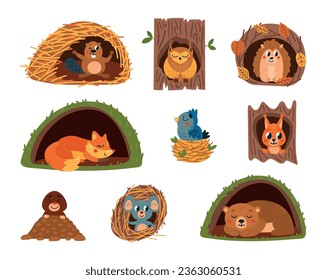 Animals in holes. Animal home, cartoon fox sleep in hole. Shelter in forest and on tree, bird nest. Cute mouse. Squirrel and hedgehog classy vector set