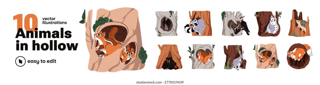 Animals in hollow set. Cute forest characters inside tree holes and burrows. Nests, bark, caves and houses in trunk and stumps for wildlife. Flat isolated vector illustrations on white background