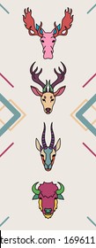 Animals with horns in colorful flat style.Line head of deer,elk,bison and antelope.Vector isolated icons.Vector illustrations of wild life animals.