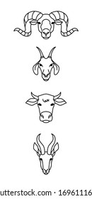 Tiere mit Hörnern im flachen Stil.Leinenkopf von Kuh, Ziege, Widder und Gazelle.Vektorillustration einzelne Symbole.Vektorgrafiken von Wildtieren.