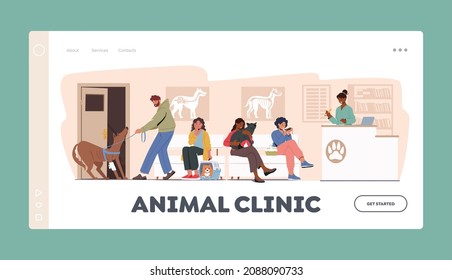 Animals Hospital Landing Page Template. People with Pets Come to Veterinary Clinic for Treatment. Men and Women Characters with Cats, Dogs, Rats Waiting Doctor Appointment. Cartoon Vector Illustration