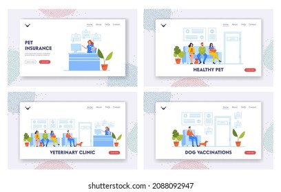 Animals Hospital, Medicine Care Landing Page Template Set. People with Pets Come to Veterinary Clinic for Treatment. Characters with Cats and Dogs Wait Doctor Appointment. Cartoon Vector Illustration