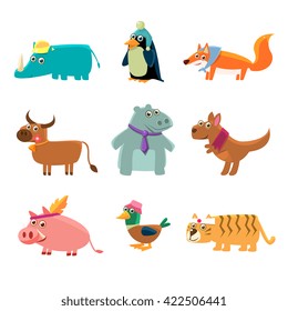 Animals In Human Clothes Set Of Cute Childish Style Bright Color Design Icons Isolated On White Background