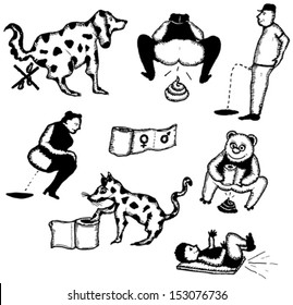 Animals And Human Dungs Icons Set/ Illustration of a set of hand drawn funny animals and human dungs, poo, and water closet icons