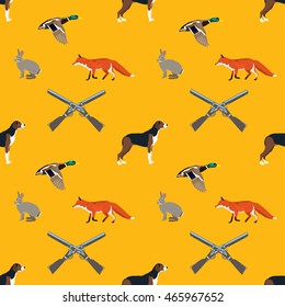 Animals hunting illustration fox, hare, duck and crossed guns background