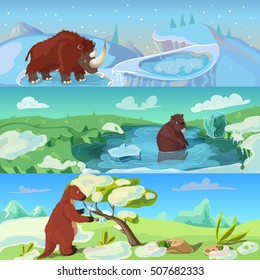 Animals ice age banners set with woolly rhino giant beaver and sloth in wildlife isolated vector illustration