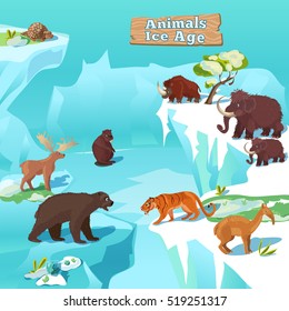 Animals ice age composition with tiger bear beaver mammoth and deer on frozen nature background vector illustration