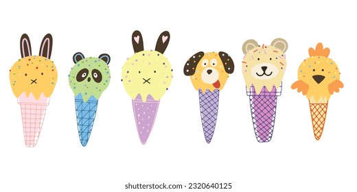 Animals ice cream illustration set.
